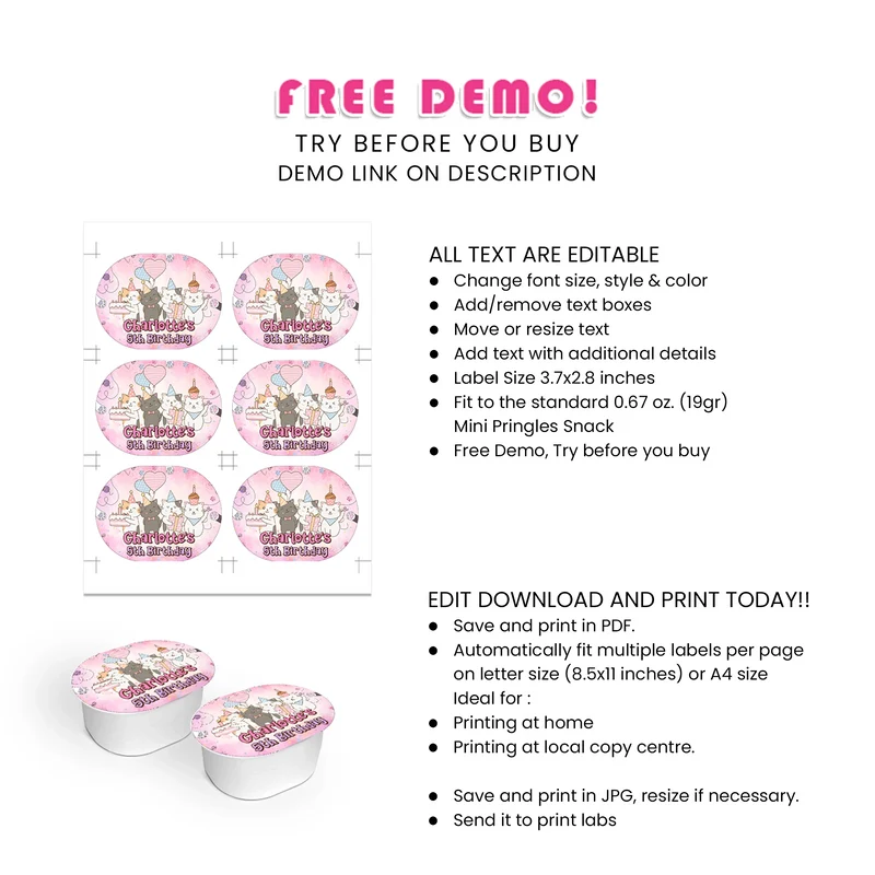 Cats & Kittens Mini Pringles Label Printable Digital Download