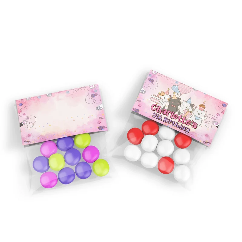 Cats & Kittens treat bag topper label showing a colorful folded paper design sealing a clear candy pouch