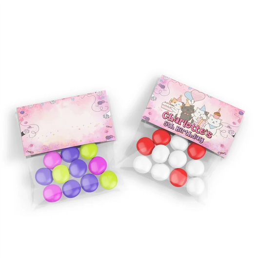Cats & Kittens treat bag topper label showing a colorful folded paper design sealing a clear candy pouch