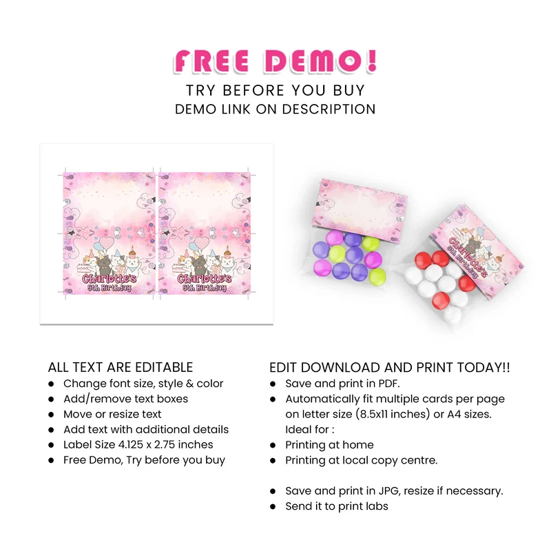 Cats & Kittens Treat Bag Topper Label Printable Digital Download
