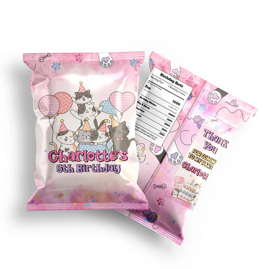 Cats & Kittens chips bag label mockup displaying a vibrant custom snack bag layout on a clean background