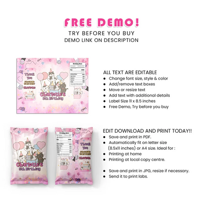 Cats & Kittens Chips Bag Label Printable Digital Download