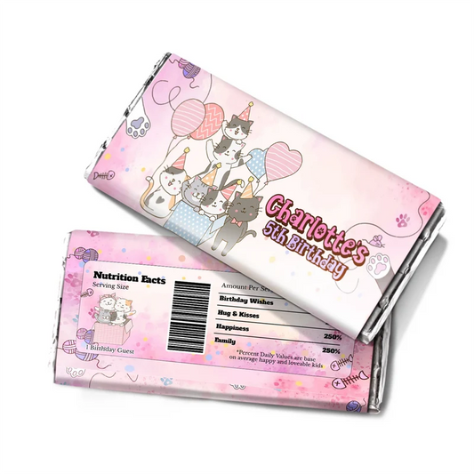 Cats & Kittens chocolate label wrap featuring a colorful candy bar packaging layout against a white surface