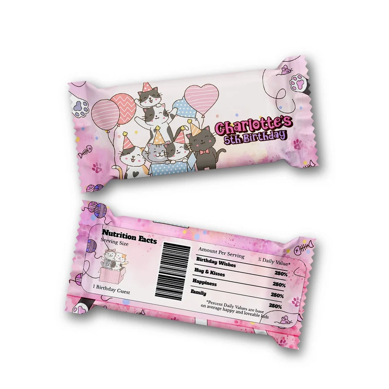 Cats & Kittens Rice Krispies treats and candy bar labels shown together in a vibrant party snack display