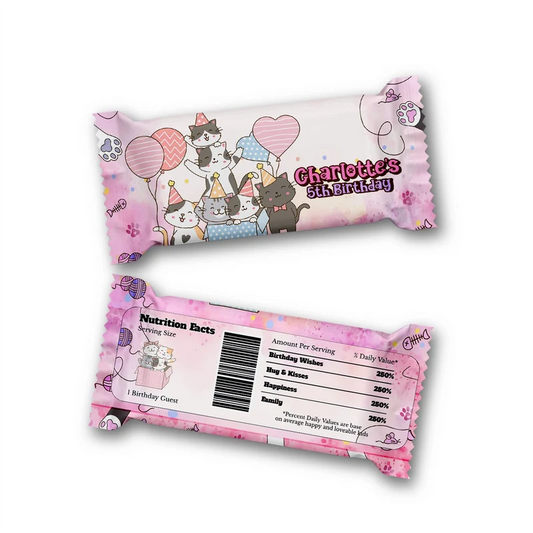 Cats & Kittens Rice Krispies treats and candy bar labels shown together in a vibrant party snack display