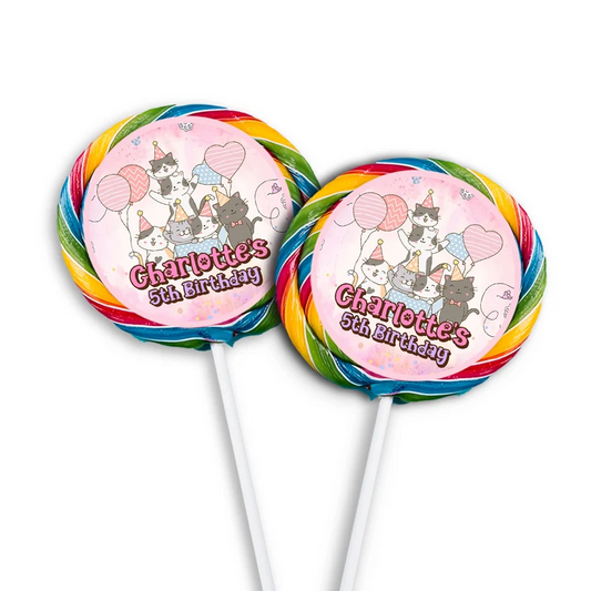Cats & Kittens lollipop label mockup featuring a colorful round sticker design attached to a clear wrapper