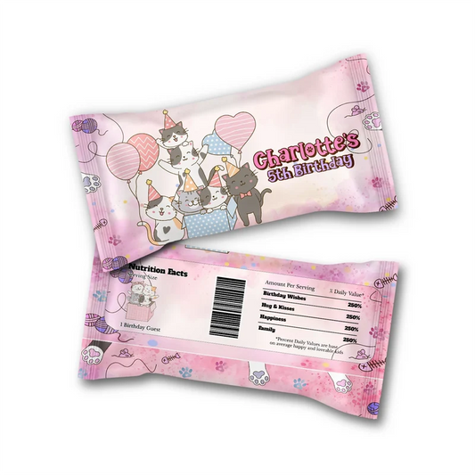 Cats & Kittens Skittles label wrap showing a vibrant candy packaging layout displayed on a neat tabletop