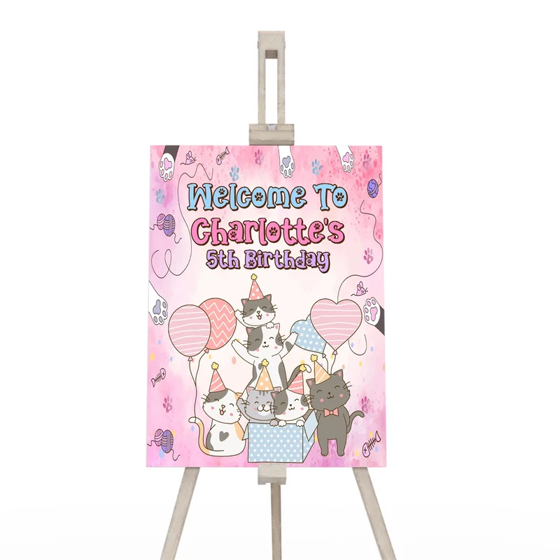 Cats & Kittens welcome sign displaying a vibrant party theme greeting layout on a wooden display easel