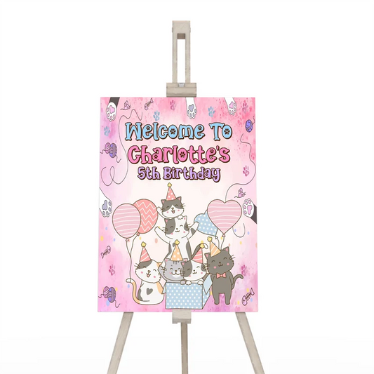 Cats & Kittens welcome sign displaying a vibrant party theme greeting layout on a wooden display easel