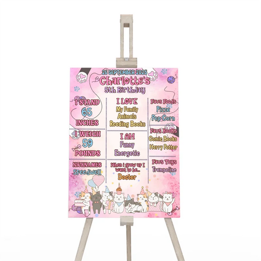 Cats & Kittens milestone poster showing a colorful chalkboard style layout filled with custom text highlights
