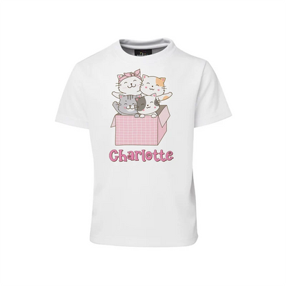 Cats & Kittens sublimation T-shirt mockup showing a colorful graphic layout printed on a white cotton shirt