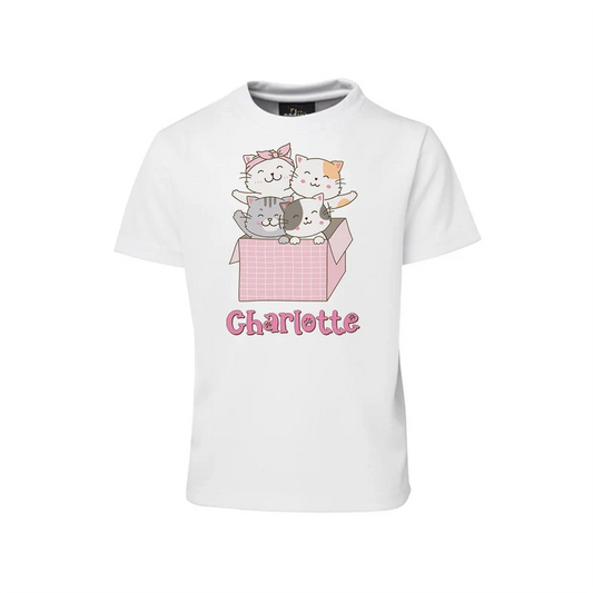 Cats & Kittens sublimation T-shirt mockup showing a colorful graphic layout printed on a white cotton shirt