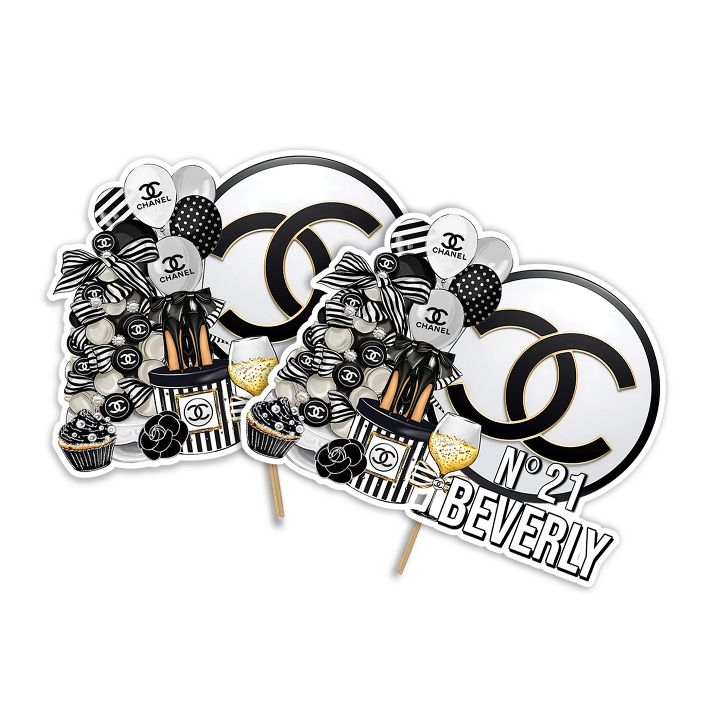Chanel inspired personalized cake toppers with chic black and gold design displayed on white background