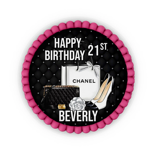 Chanel inspired personalized edible icing cake images with black and white luxury-style graphics