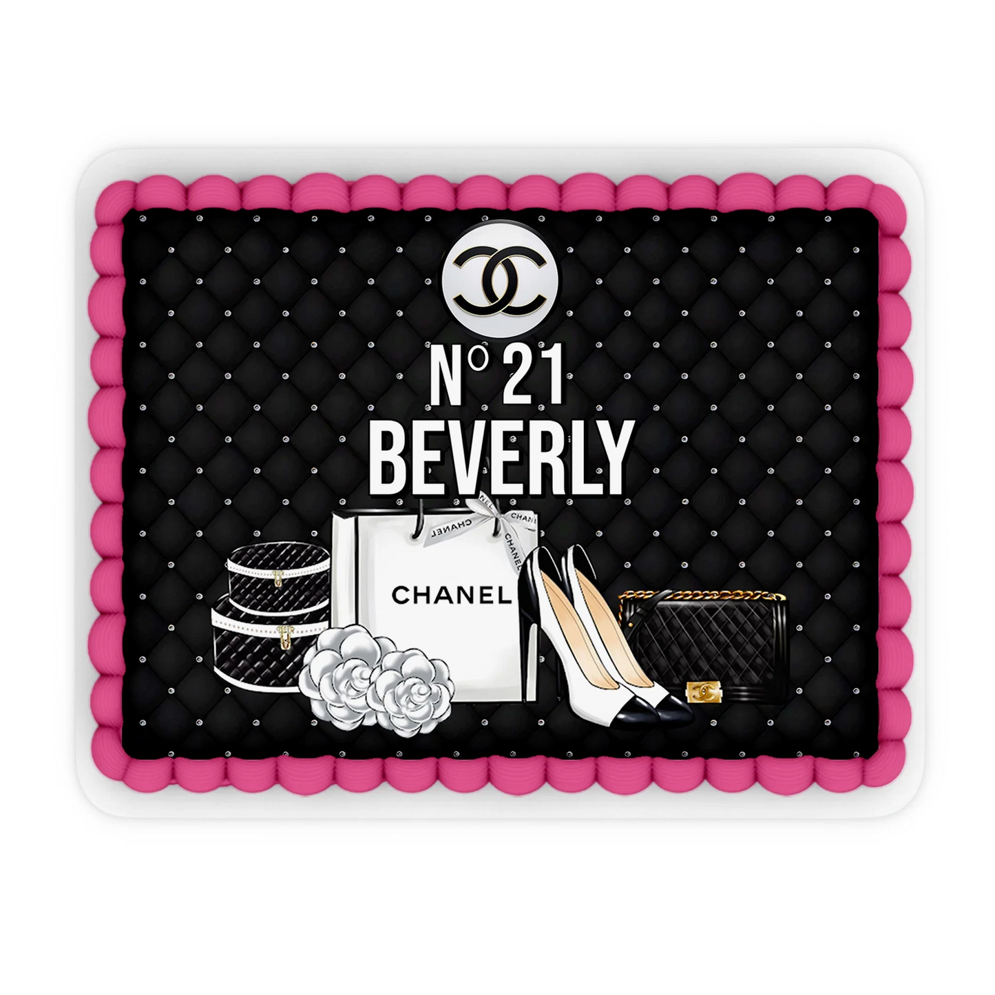 Chanel inspired personalized edible sheet cake images with elegant black, white, and gold accents