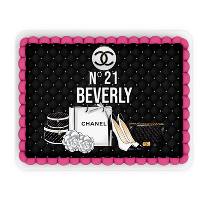 Chanel inspired personalized edible sheet cake images with elegant black, white, and gold accents