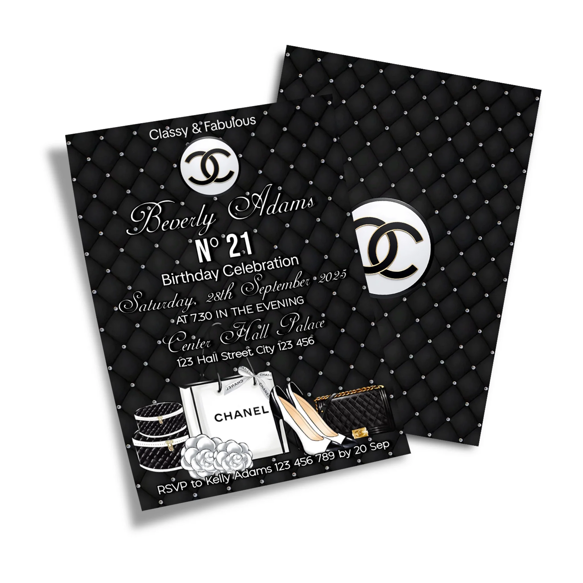 Chanel inspired personalized birthday card invitations with black and white luxury theme shown flat lay