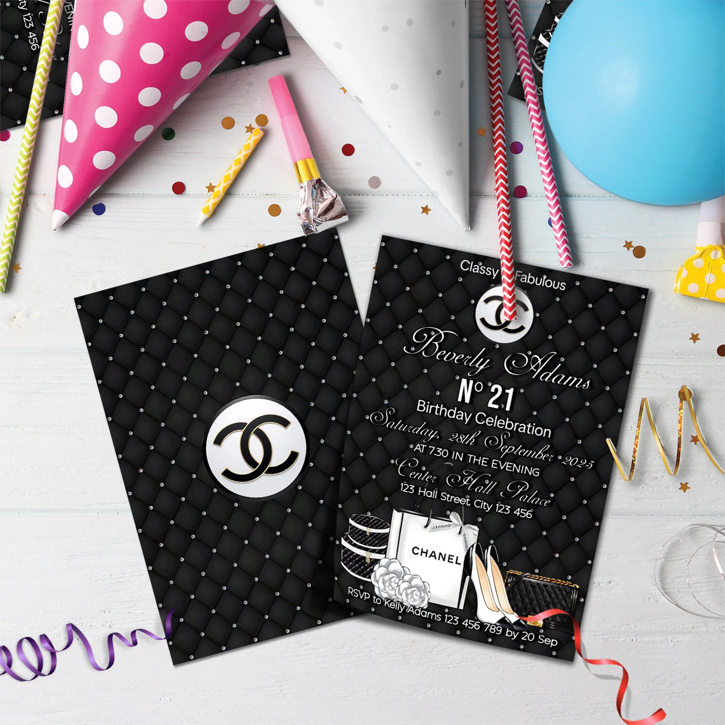 Luxury Bag Birthday Decorations, Chanel Inspired Party Supplies, Designer Chanel Themed, Coco Chanel Digital Template, Editable Chanel Inspired Image SVG PNG