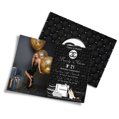 Chanel inspired personalized photo card invitations with custom photo space and elegant black accents