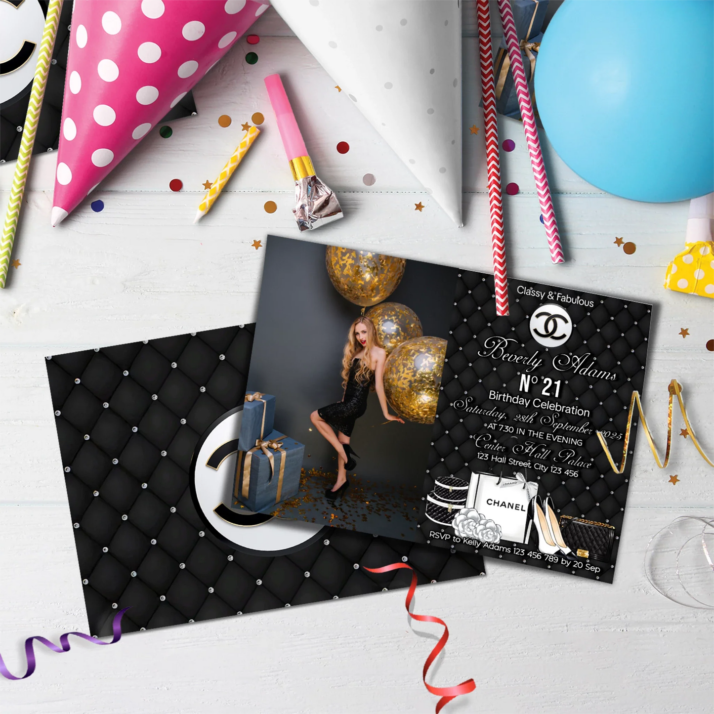 Luxury Bag Birthday Decorations, Chanel Inspired Party Supplies, Designer Chanel Themed, Coco Chanel Digital Template, Editable Chanel Inspired Image SVG PNG