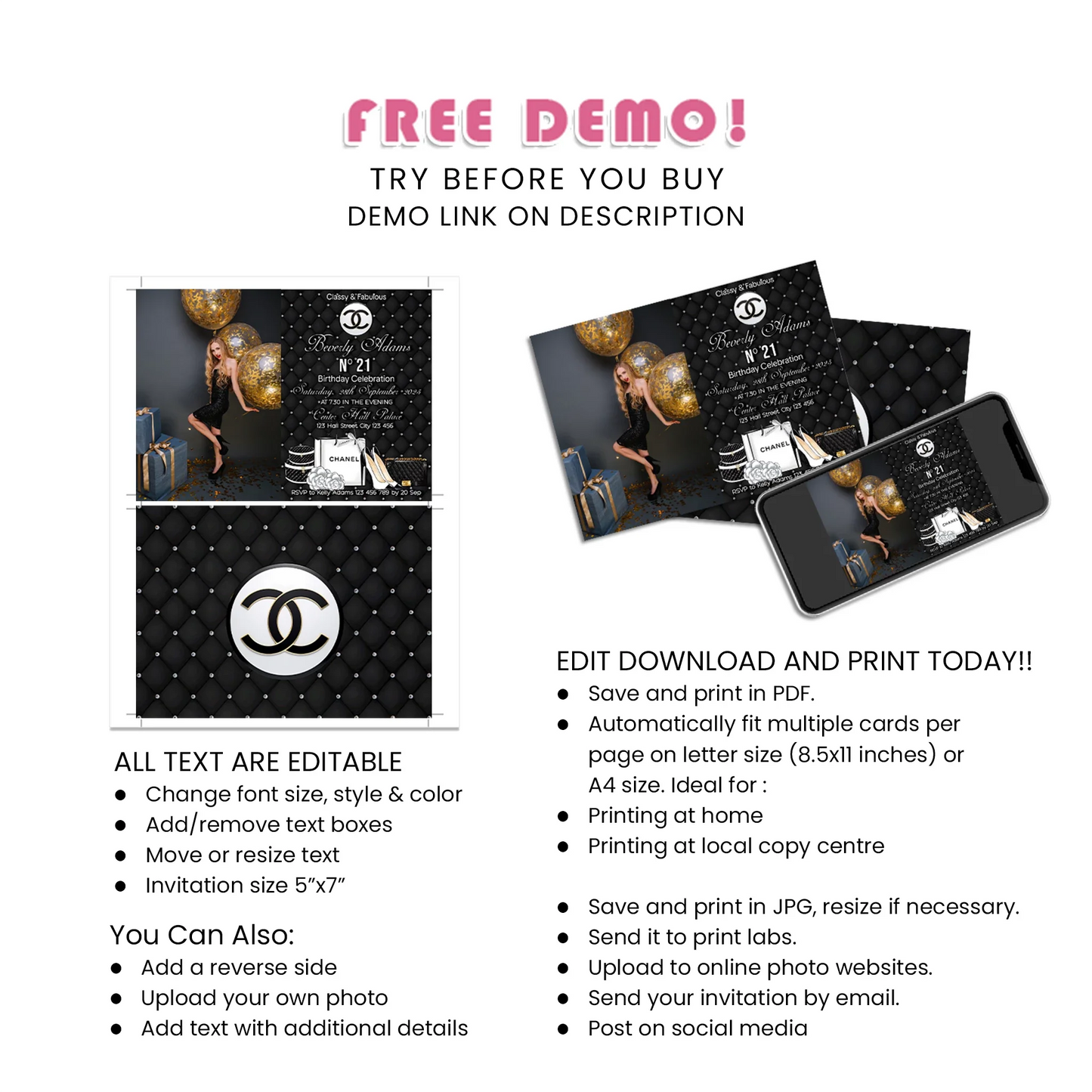 Chanel Inspired Personalized Photo Card Invitations