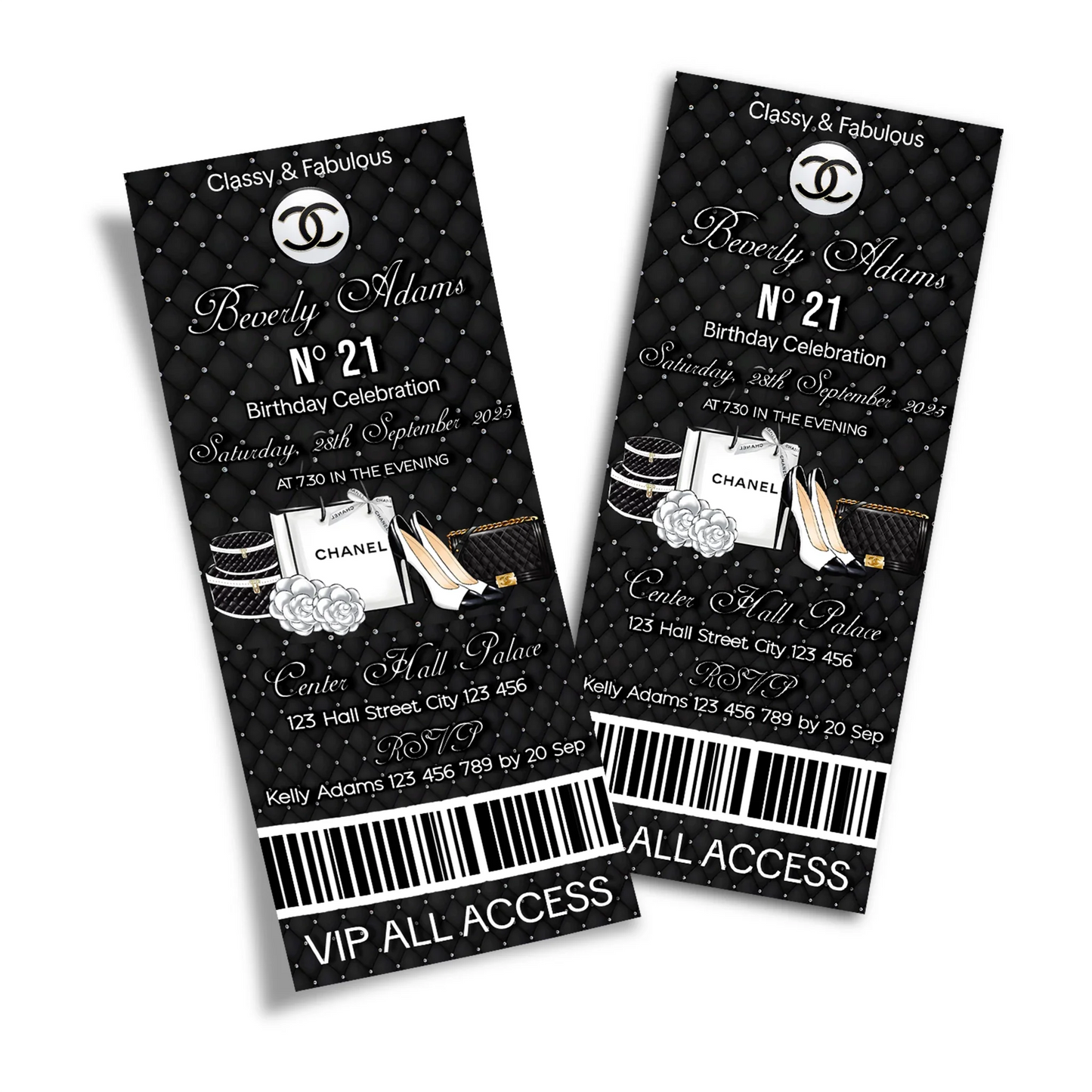 Chanel inspired personalized birthday ticket invitations with chic black and white layout