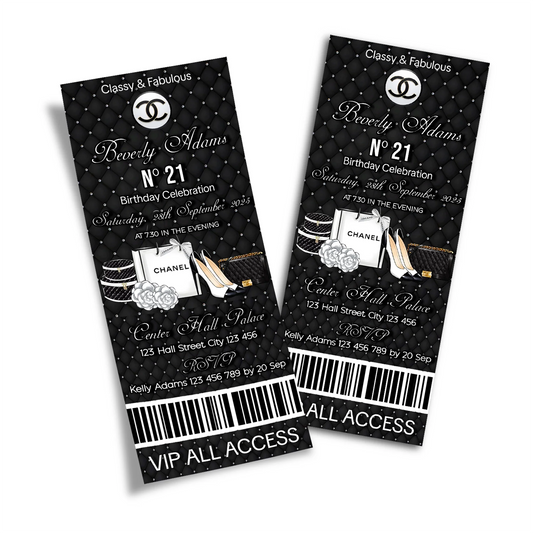 Chanel inspired personalized birthday ticket invitations with chic black and white layout