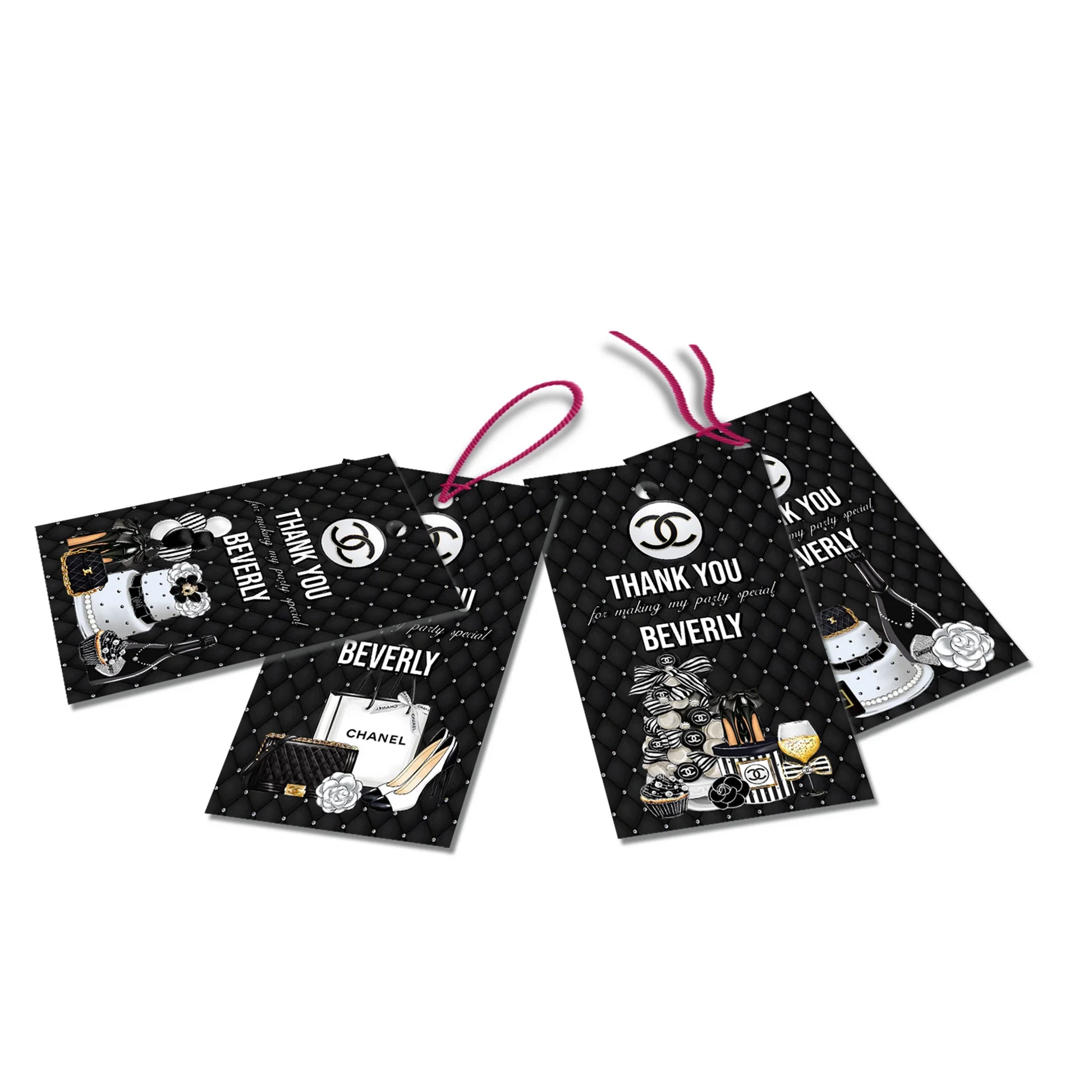 Chanel inspired thank you tags with elegant black and white fashion-inspired design on white background