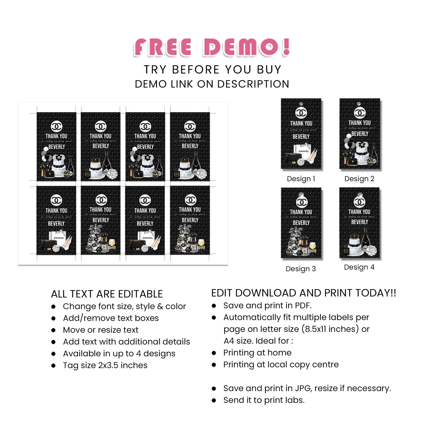 Chanel Inspired Favor Tags Elegant Party Set