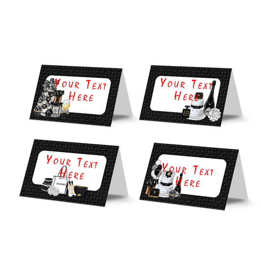 Chanel inspired food cards with minimalist black and white layout arranged in flat lay