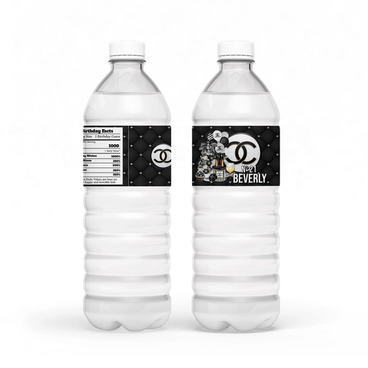 Chanel inspired water bottle label with sleek black and white luxury pattern wrapped on bottle