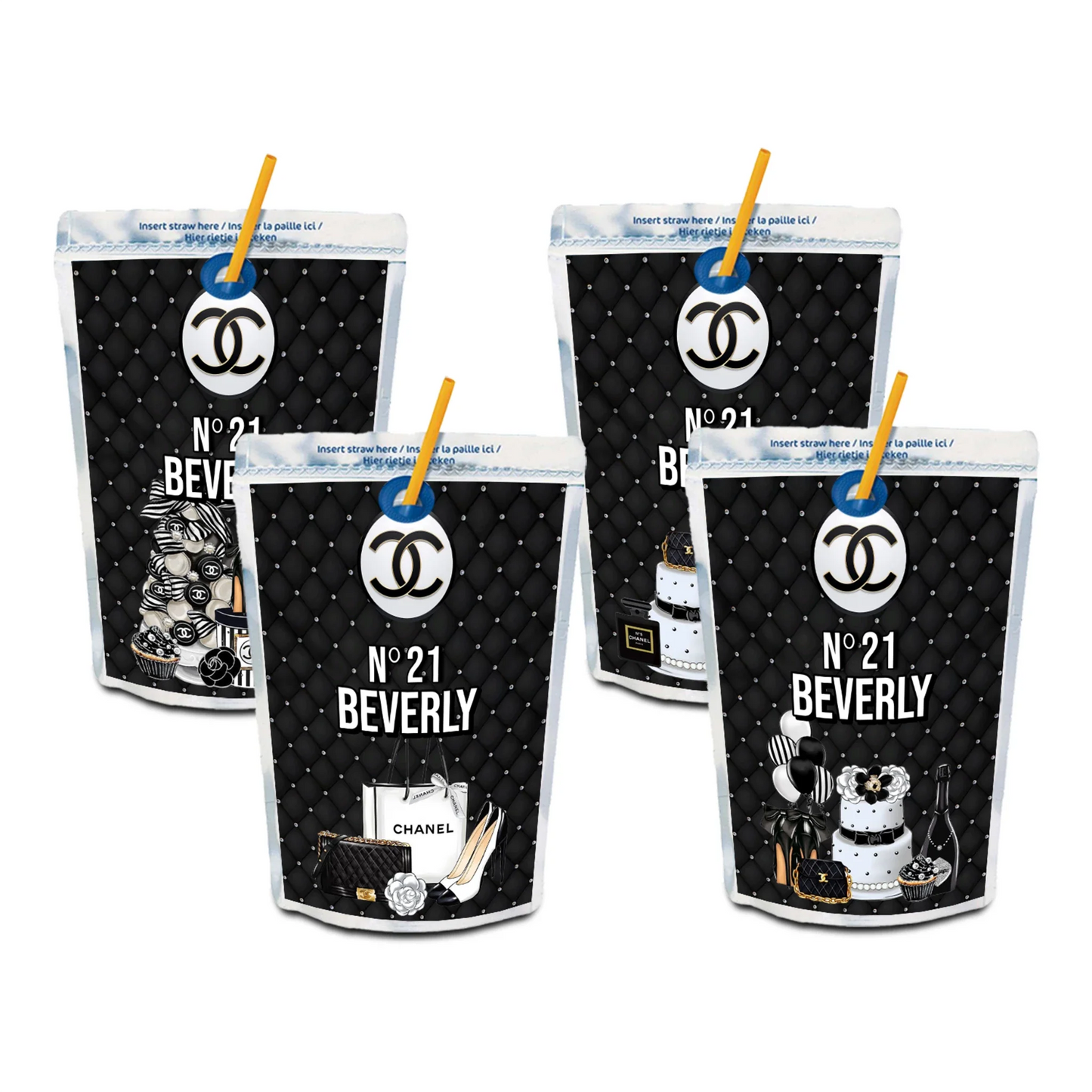 Chanel inspired juice pouch label with chic black and white design on white background
