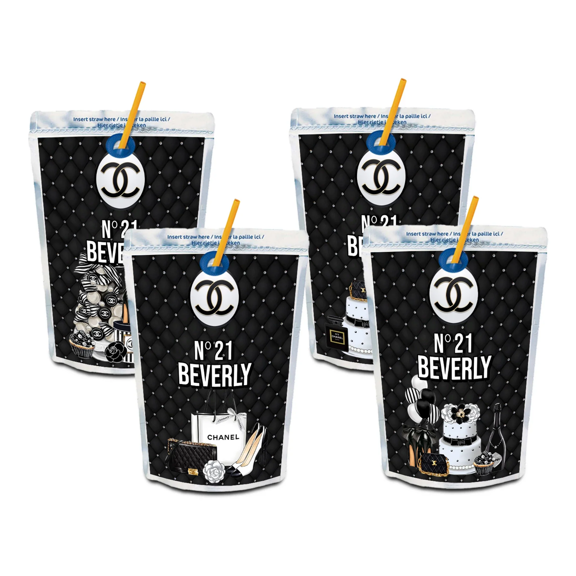 Chanel inspired juice pouch label with chic black and white design on white background