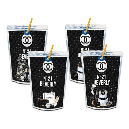 Chanel inspired juice pouch label with chic black and white design on white background