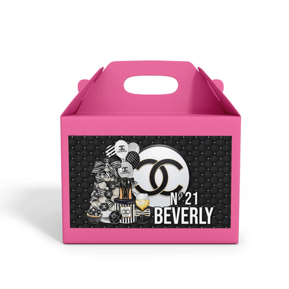 Chanel inspired treat box label with elegant black, white, and gold accents on white background