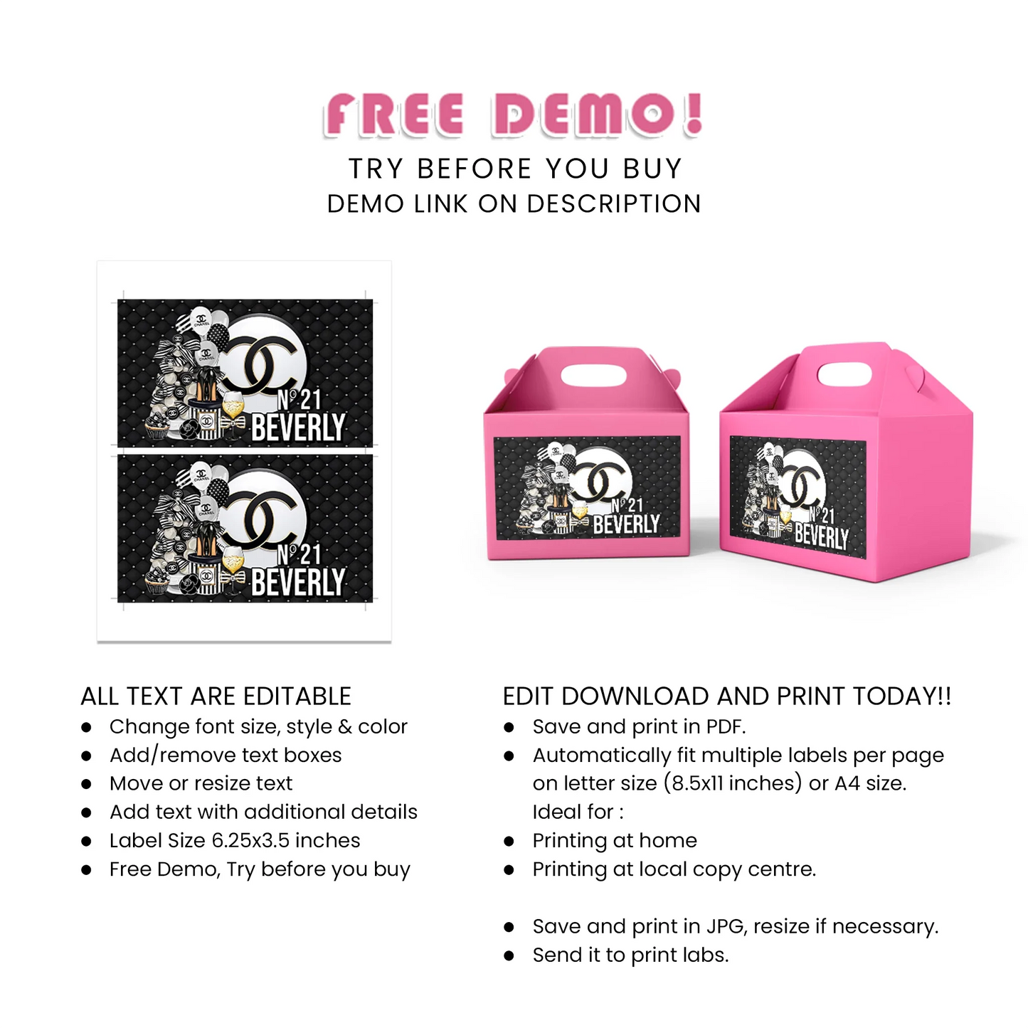 Chanel Inspired Treat Box Label Elegant Party Style