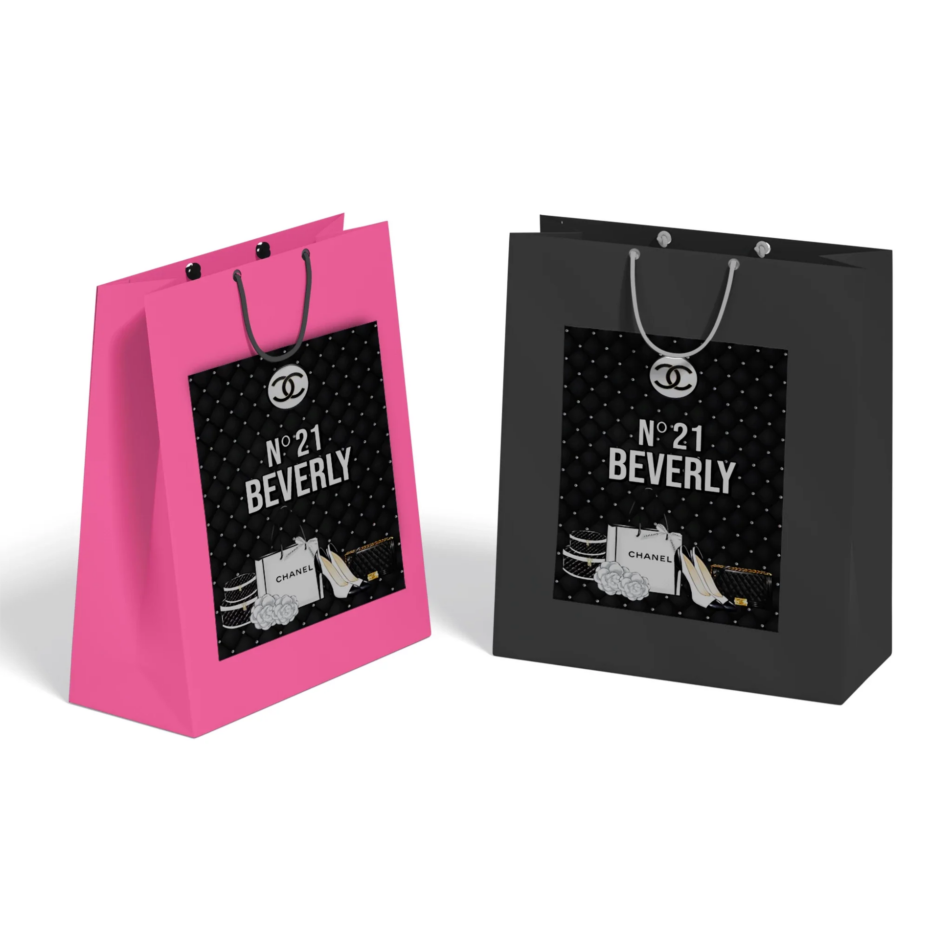 Chanel inspired goodie bag label with minimalist black and white luxury theme shown flat lay
