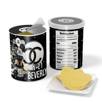 Chanel inspired small Pringles label with chic black and white fashion-inspired wrap