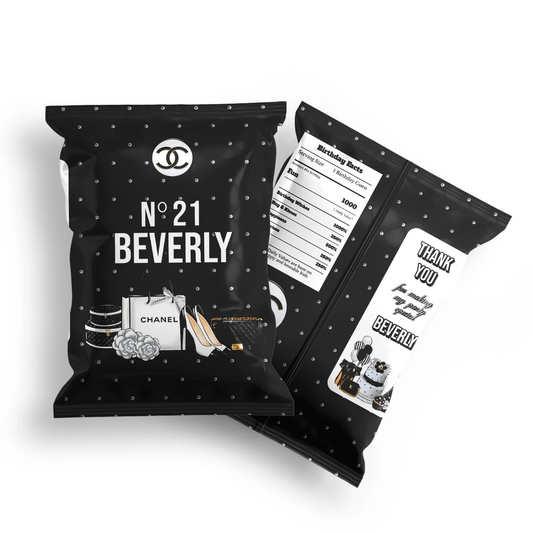 Chanel inspired chips bag label with minimalist black and white fashion theme