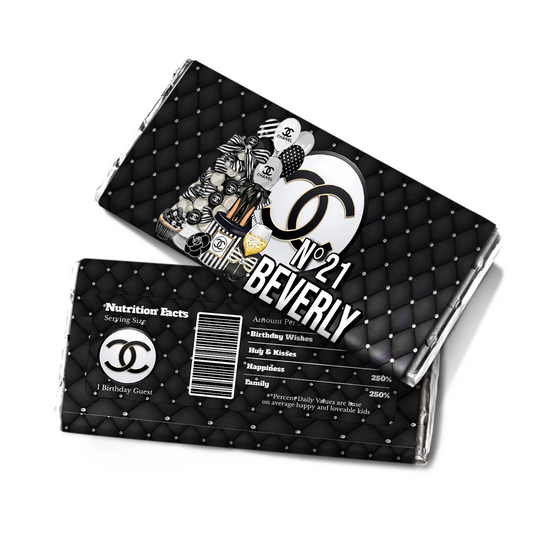 Chanel inspired chocolate label with elegant black and gold accents on white background