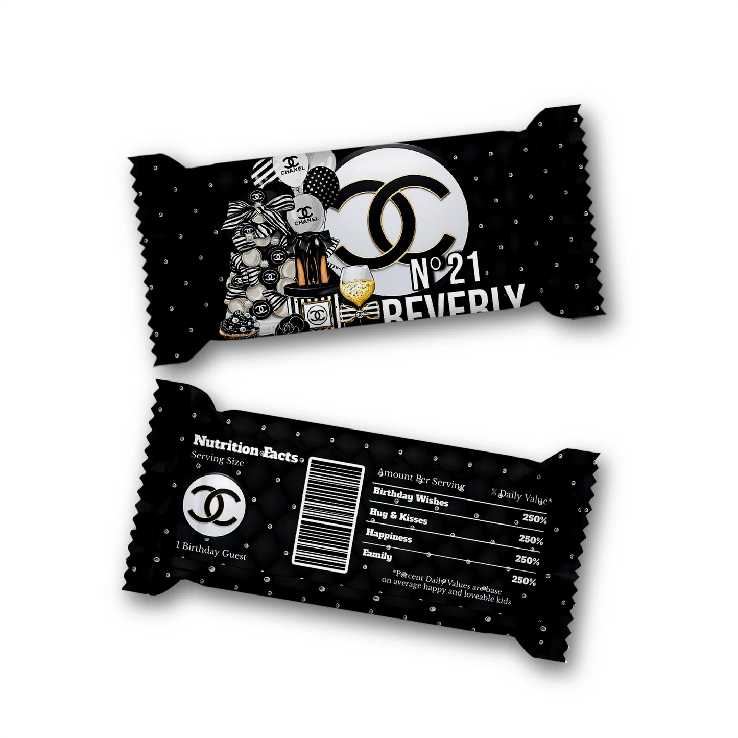 Chanel inspired Rice Krispies treats and candy bar labels with matching black and white luxury theme