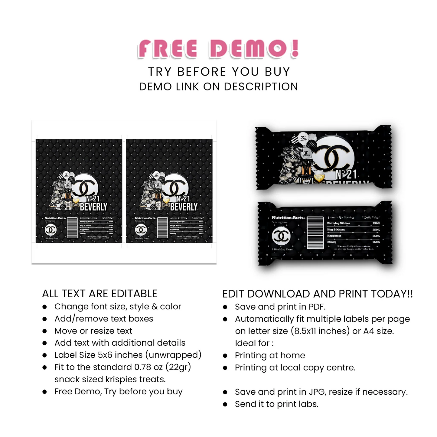 Chanel Inspired Rice Krispies & Candy Bar Label Set