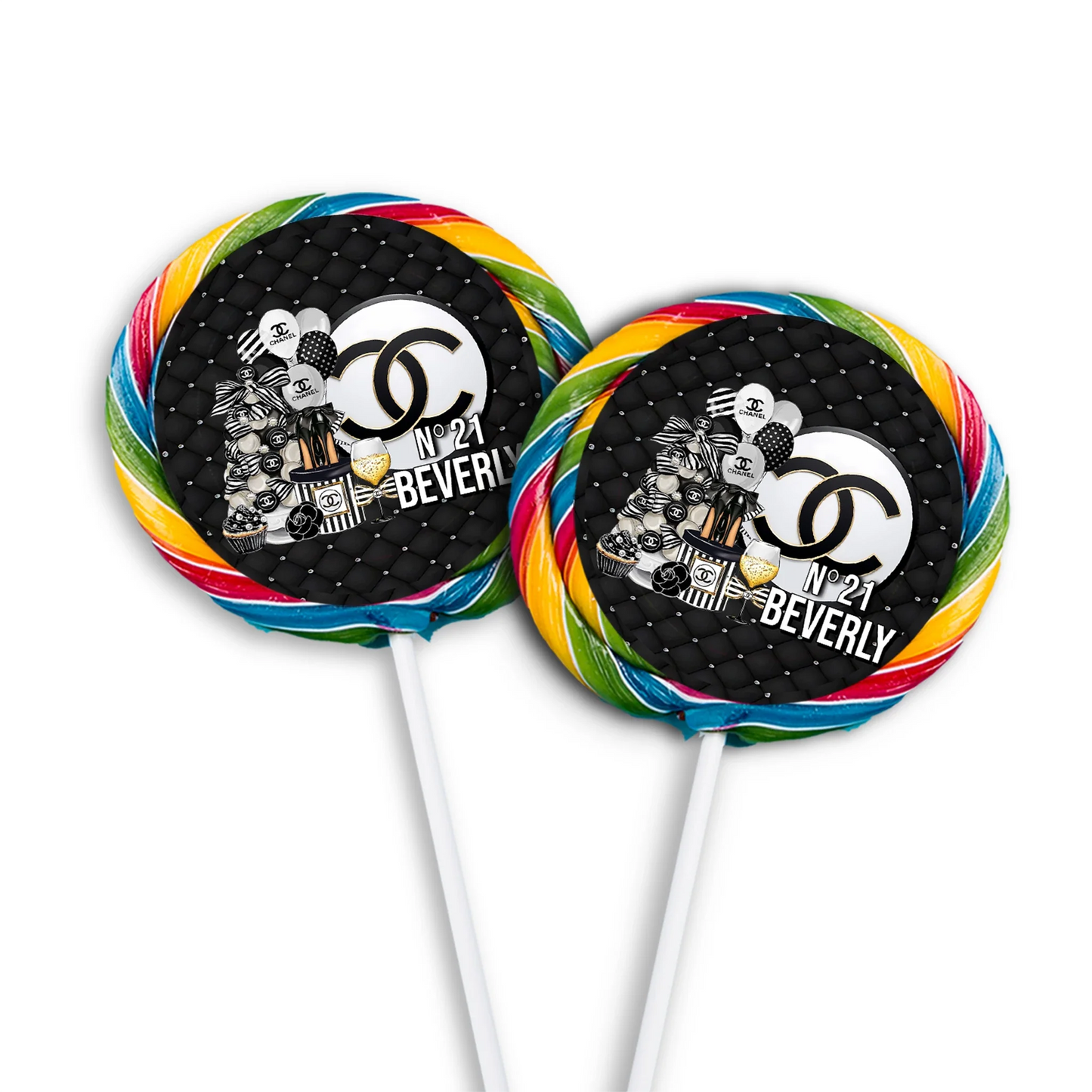 Chanel inspired lollipop label with chic black and white fashion-inspired design