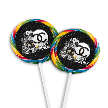 Chanel inspired lollipop label with chic black and white fashion-inspired design