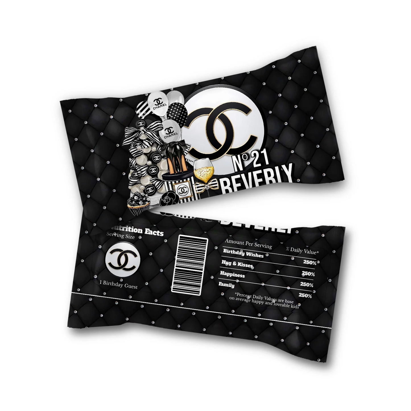 Chanel inspired Skittles label with elegant black and white luxury style