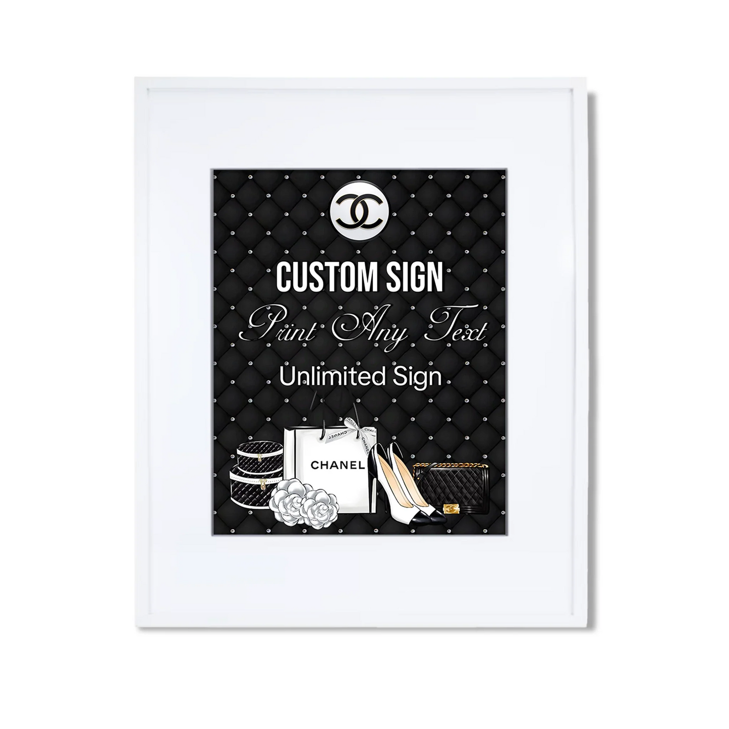 Chanel inspired custom sign with bold black and white fashion-inspired layout