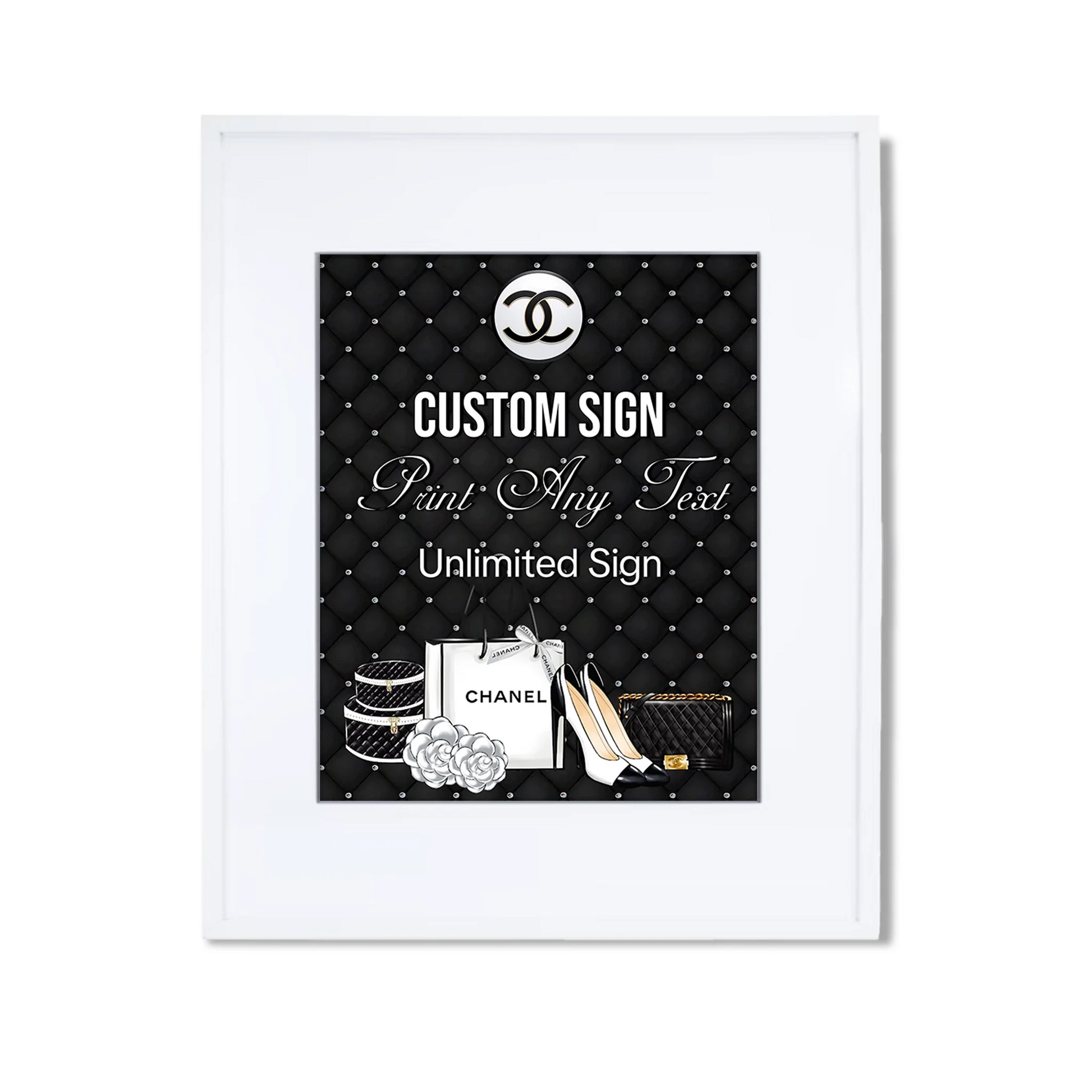 Chanel inspired custom sign with bold black and white fashion-inspired layout