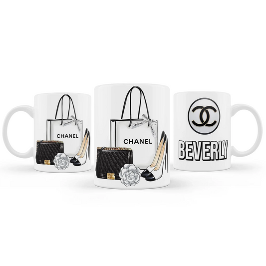 Chanel inspired sublimation mug with chic black and white design on white ceramic