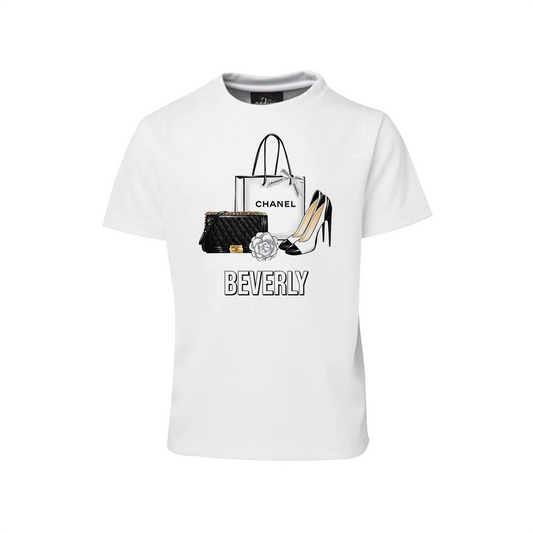 Chanel inspired sublimation T-shirt with minimalist black and white luxury design on white fabric