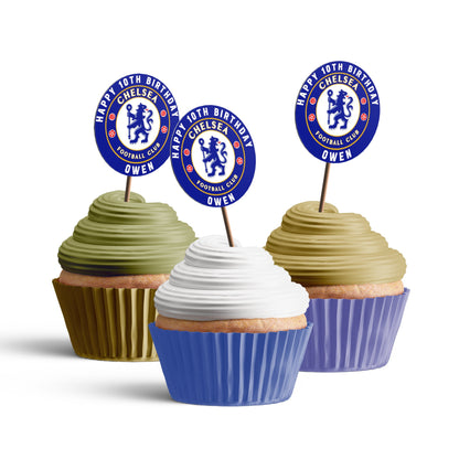 Chelsea FC themed personalized cupcakes toppers